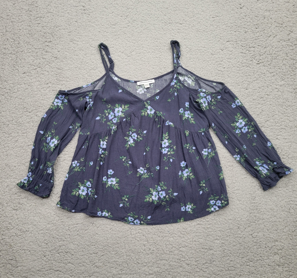 American Eagle Shirt Womens Small Blue Floral V-Neck Long Sleeve Cold Shoulder
